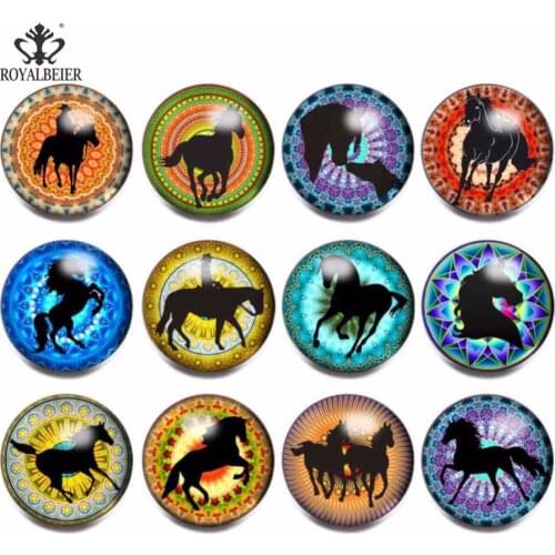 RoyalBeier 12PCS/lot Mixed Many Horse Pattern Glass 18mm Snap Buttons For Snap DIY Making Bracelets Bangles DIY Jewelry Gift 001