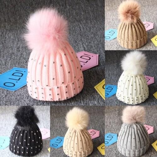 Christmas Hats Baby Boys Girls Winter Warm Double Fur Pom Bobble Knit Beanie Hats Cap Knit Woolen Yarn Hats