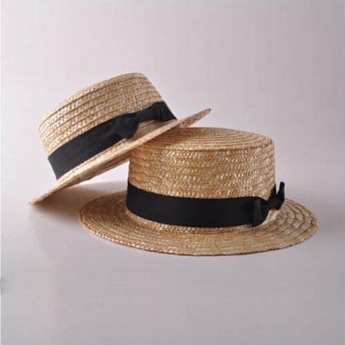 Family Hat Womens Kids Girls Straw Bowler Boater Sun Hat Round Flat Caps Brim Summer Beach