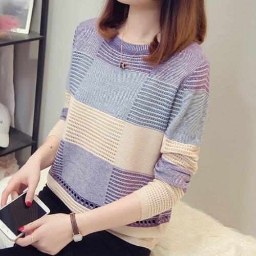 2021 Autumn Women Sweater Korean Color Matching Loose Stripe Long Sleeve Pullover Knitwear Casual Hollow Out Thin Jumper Sweater