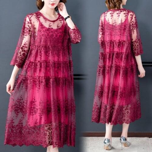 2020 Spring Fall Vintage Womens Clothes , 3/4 Sleeve Embroidery Wine Red 2 Pieces Dress Set , Woman Loose 4xl 5xl Dresses