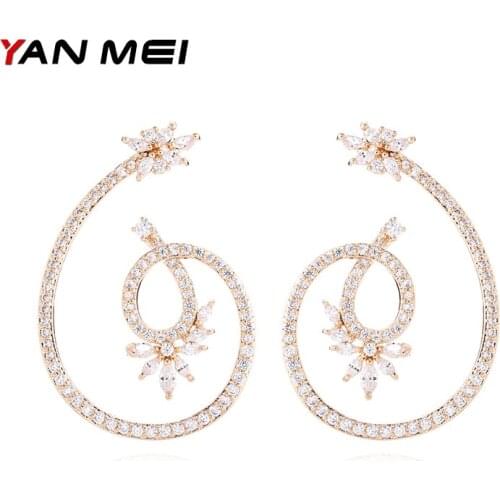 YANMEI Rhinestone Geometric Statement Earrings CZ Silver/Gold Color Flower Stud Earrings For Women Fashion Jewelry YME8044