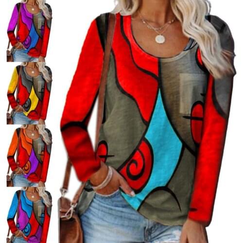 Long Sleeve Women T-shirt Geometric Print Casual Crew Neck Patchwork Pullover Top Streetwear