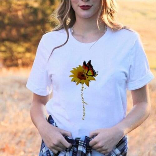 Aesthetic Graphic T Shirt Women Harajuku Graphic Tees Shirt Femme Sun Flower Butterfly Tumblr T-shirt Never Give Up Quote Tshirt