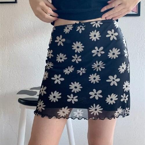 Women Summer Fashion Ruffle Mini Skirt High Waist Floral/Oil Painting Printed Temperament Wild Casual Pencil Slim Mesh Skirt