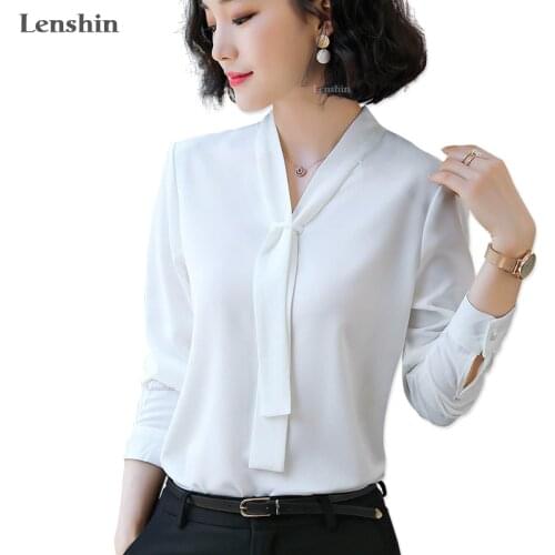 Lenshin Tie Shirts for Women Soft and Comfortable Blouse with Bow Work Wear Office Lady Female Tops Chemise Loose style
