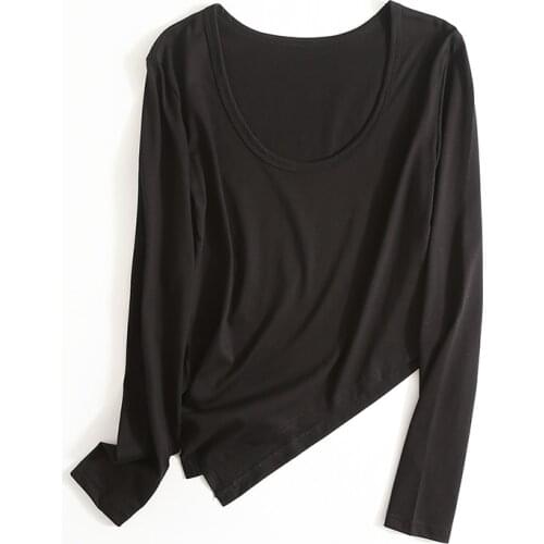 BRADELY MICHELLE Casual Asymmetrical O-Neck Solid Colour Sports Style Long Sleeves Womens Slim Top