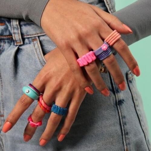 1PC 2021 Fashion Colorful Irregular Round Handmade Hit Color Stripe Ceramic Clay Rings for Women Jewelry Gifts Wide Ring