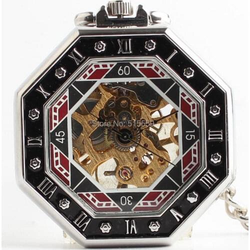 10pcs/lot Hollowed Bronze Octagon No Cover Mechanical Pocket Watch Vintage Roman Dial Hand Wind Pocket Watch Wholesale