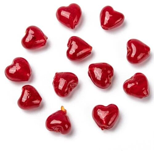 200Pcs Red Color Lampwork Glass Heart Beads Handmade Silver Foil Loose Beads 12mm for Pendant Jewelry Making