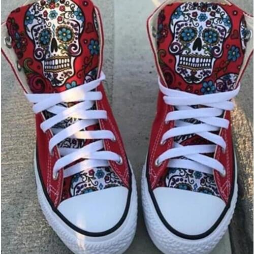 2021 Women Flats Casual Shoes Woman Plus Size Canvas Fabric High-top Boots Skull Shoe Chaussures Femme Zapatos Mujer Sapato
