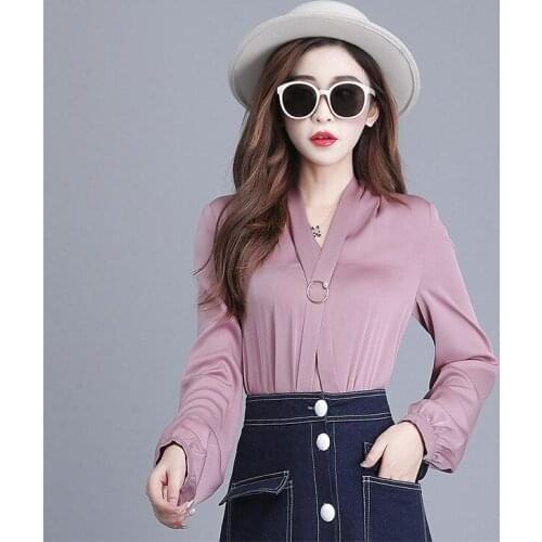 Fashion Women Silky Solid Color Satin Blouse Elegant V-neck Office Lady Shirt Top