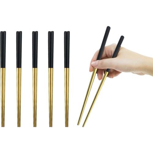 10Pair Resuable 23.5cm Square Chopsticks Top 18/0 Stainless Steel Japanese Black Gold Sushi Hashi Reusable Colorful Chopsticks