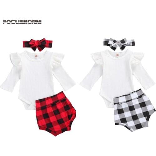 FOCUSNORM 0-18M Autumn Baby Girls Boys Clothes Sets Ruffles Long Sleeve Romper Tops Plaid Shorts Headband