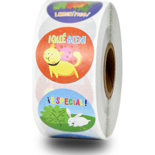 500pcs/roll Cute Animals Stickers Spanish Reward Sticker for Teachers Students 1 inch 8 Designs Motivational Stickers for Kids