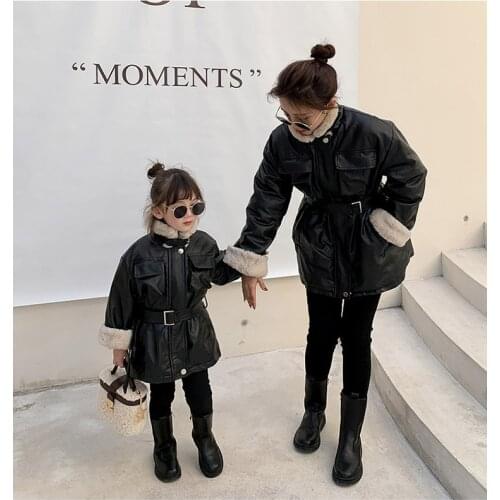 New Korean style winter faux lamb fur lining PU Motorcycle thick jacket outwear for girls and women Mom-daughter clothing