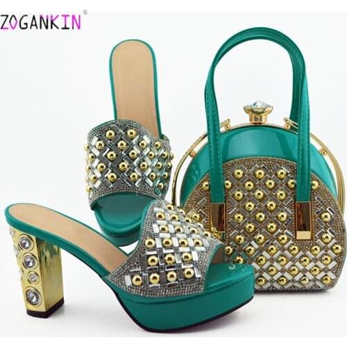 Teal Color 2019 Newest PU Leather Slipper Shoes And Bag To Match Set Summer Italian Style Shoes And Bag Set For Party 10 Colors