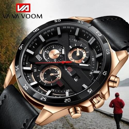 New Mens Watches VAVA VOOM Brand Leather Decorative dial Waterproof Sport Automatic Date Quartz Watch For Men Relogio Masculino