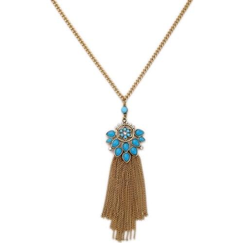 Bulk Price 2016 Summer Hot Sale Fashion Jewelry Gold Color Tassel Necklace Women Blue Flower Accessories Statement Necklace