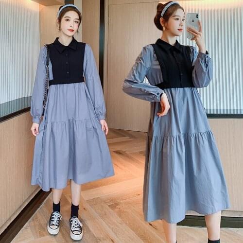 1908# Maternity Dress Spring Autumn Long Sleeve False Two-piece Loose Stylish Dress for Pregnant Women Mom Dress