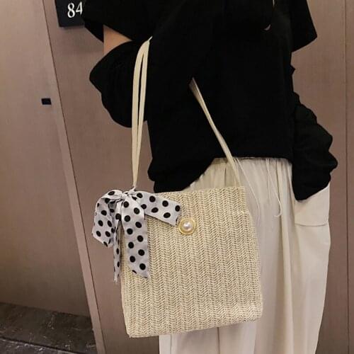 Casual Grass Woven Bag New Style Collection Bag Korean Style Women Simple Lace Shoulder Bag With Drawstring