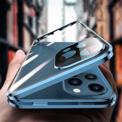 Luxury Square Magnetic Adsorption Case For iPhone 12 mini 11 Pro xs Max x xr Metal Bumper Double Sided Glass Protective Cover