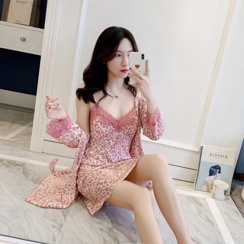 2PCS Silk Satin Sexy Leopard Lace Lingerie Nightgowns Robe Sets Women 2021 Summer Bathrobe Sleepwear Suit Nightdress Night Dress