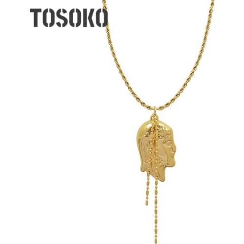 TOSOKO Stainless Steel Jewelry Rice Grain Tassel Pendant 18 K Gold Figure Pendant Necklace Female Fashion Sweater Chain BSP301