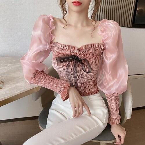 2021 Spring Lady Elegant Velvet Patchwork Chiffon Puff Sleeve Shirt Womens Sweet Bow Square Collar Slim Chic Tops