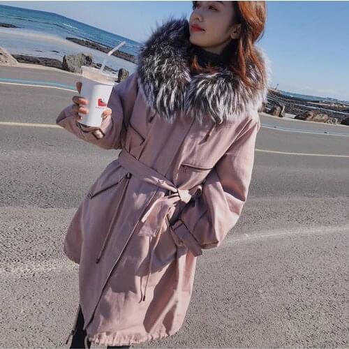 JuneLove Women Real Raccoon Fur Hooded White Duck Down Jacket Vintage Thick Warm Loose Female Parkas Female Winter Coat Outwears