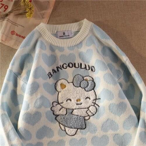 High Quality Cartoon Cat Embroidery Sweet Girl Fashion Sweater Aesthetic Womens Winter Sweaters O-neck Loose 2021 Teens Clothes
