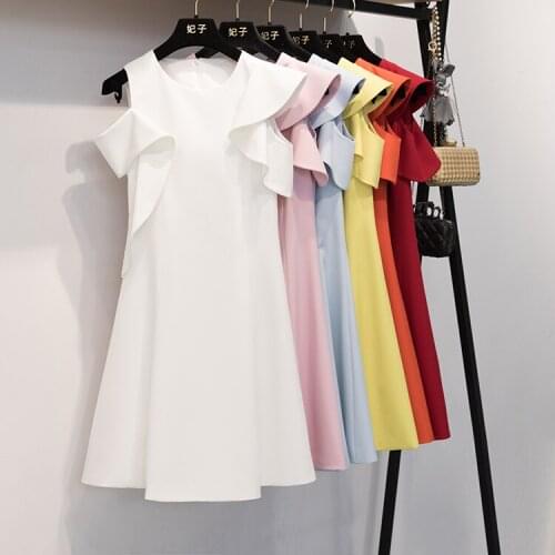 Fashion Lotus Leaf Sleeveless O-neck Knee-length Plus Size Slim Summer Red Dress Elegant Ladies Dresses 5429