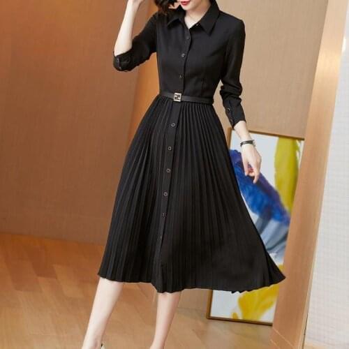 Elegant Dress Women 2021 Autumn Long Sleeve Black Pleated Dress Female Turn Down Collar Chiffon Black Clothes Office Lady Dress