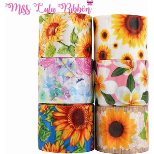 16mm,22mm,25mm,38mm,75mm Sunflower Ribbon Flower Ribbon Print Grosgrain Ribbon For Handmade Bow Material Elastic Band 50Yards