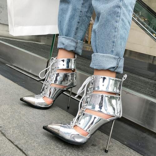 2021 Summer Pumps Metal Pointed Toe Thin Heels Genuine Leather Cool Boots High Heels Lace Up Hollow Martin Boots Women Shoes