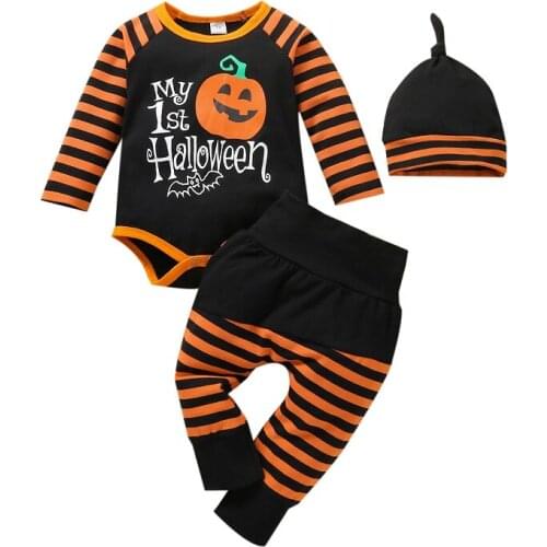 My 1st Halloween Newborn Baby Boy Girl Long Sleeve Pumkin Cotton Bodysuit Tops Striped Pant Hat 3PCS Baby Clothing Set