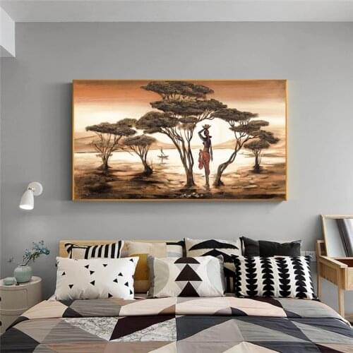 African Art Landscape and Woman Canvas Art Print Big Size Home Living Room Canvas Wall Art Painting Decorative Wall Pictures