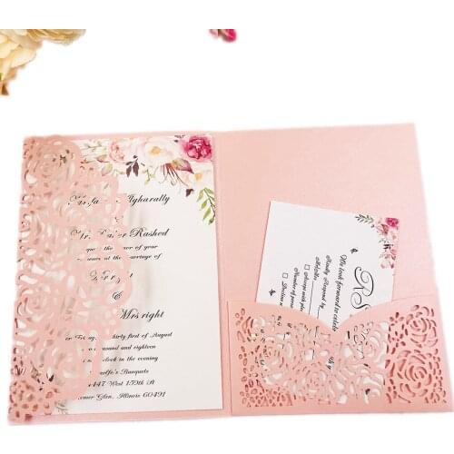 Free shipping 2pcs rose flower tri fold wedding invitation cards with envelope ,insert, RSVP 3 fold laser cut pocket fold cards