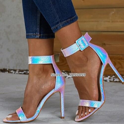 ALMUDENA Sexy Fluorescent Pink Green Sankeskin High Heel Sandals Big Ankle Buckle Strap Dress Shoes Banquet Pumps Dropship Shoes