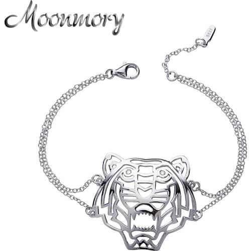Moonmory S925 Sterling Silver Medium Tiger Shaped Chain Bracelets Animal Pendant Silver Accessory Jewelry 16 -18cm Adjustable