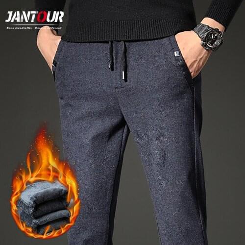 Jantour Mens Clothing Pants Winter Fleece Casual Trousers Mens Business Fashion Solid Thicken Pants Work Pants Big Size 28-38