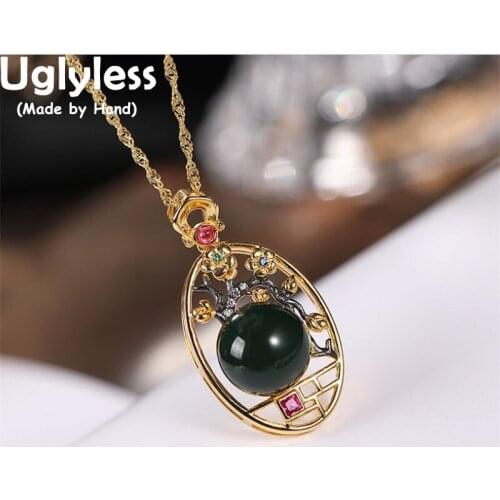 Uglyless Blooming Flowers Necklaces for Women Natural Blue Amber Vase Pendants +Chain China Chic Grilles 925 Silver Jewelry Gold