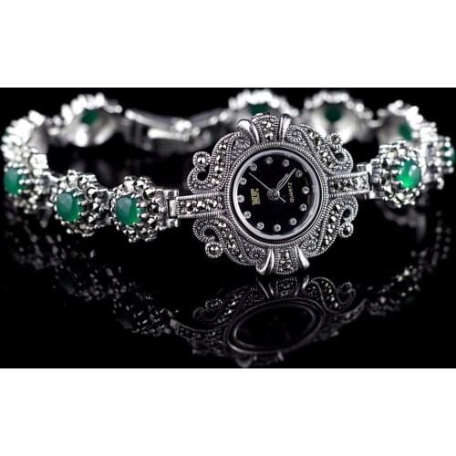Limited Edition Classic S925 Silver Pure Silver Watch Green Jade Bracelet Watch Thailand Process Rhinestone Bangle Dresswatch