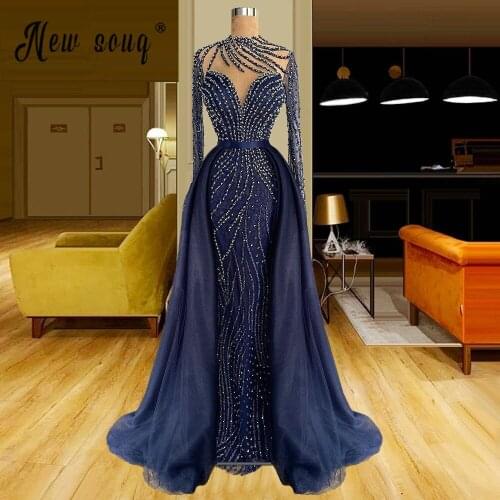 Pearls Elegant Long Evening Dresses Robes Muslim Long Sleeve Mermaid Formal Prom Gowns African Homecoming Dresses Plus Size