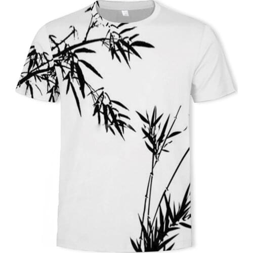 New short-sleeved 3D fresh bamboo leaf white Harajuku 3D mens short-sleeved T-shirt casual cool fashion sports mens clothing