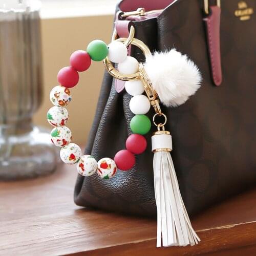 2021 Halloween Silicone Skull Keychain Bracelet Women Gothic Elastic Beaded Bangle Wristlet Key Ring Tassel Pendants Wholesale