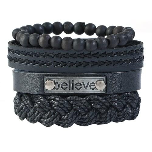 Jessingshow 4 Pcs/Set Black Believe Bracelets for Men Bangle Adjustable Length Bohemia Holiday Male Punk Style Jewelry