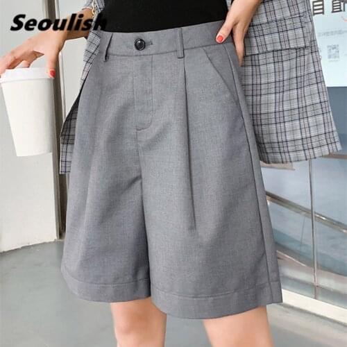 Seoulish Summer 2021 New Formal Womens Shorts Black Office Lady Wide Leg Shorts Solid Elegant Female Loose Trousers Pocket