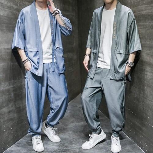 Summer new fashion ultra-thin ice silk suit casual mens youth Chinese improved Hanfu retro outfit loose embroidery 2-piece set