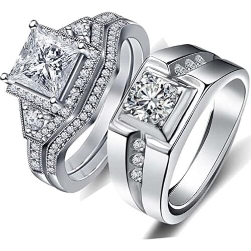 Fashion Couple Rings Simple Stainless Steel Men Ring Women Sqaure Crystal Rhinestones Rings Set Wedding Engagement Band Ring